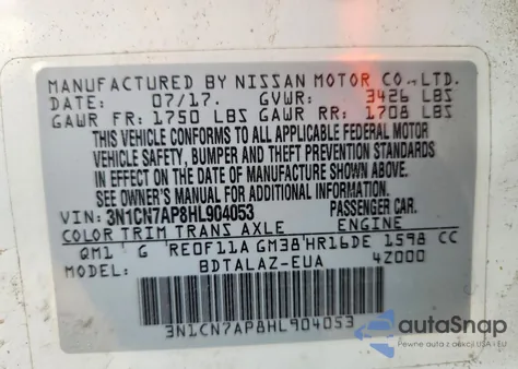 2017 Nissan Versa S из США, поврежденный, VIN 3N1CN7AP8HL904053